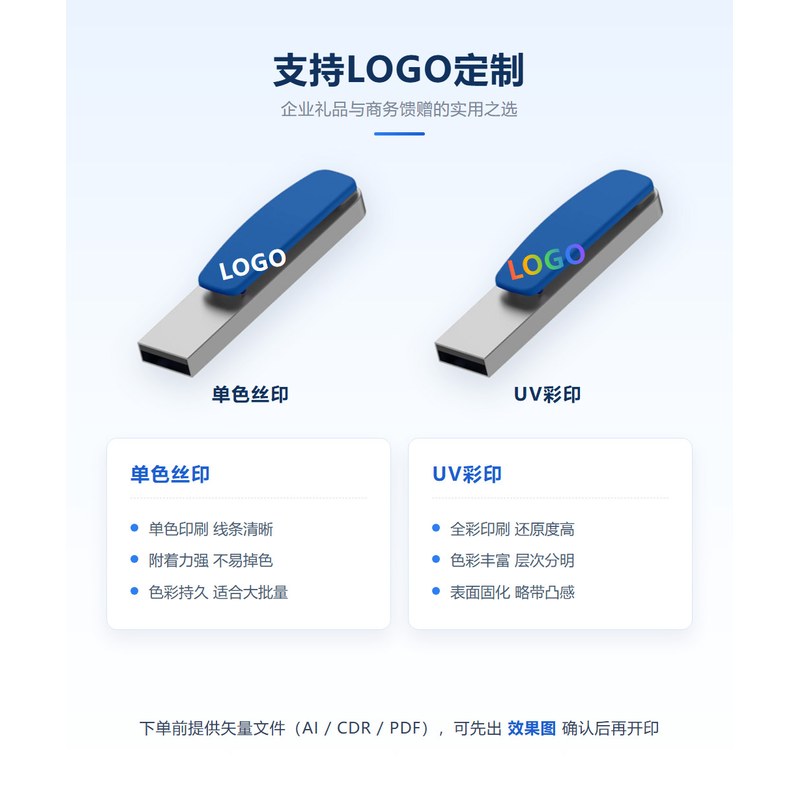 书签U盘LOGO定制工艺 书签U盘LOGO定制 单色丝印与UV彩印效果 企业礼品定制