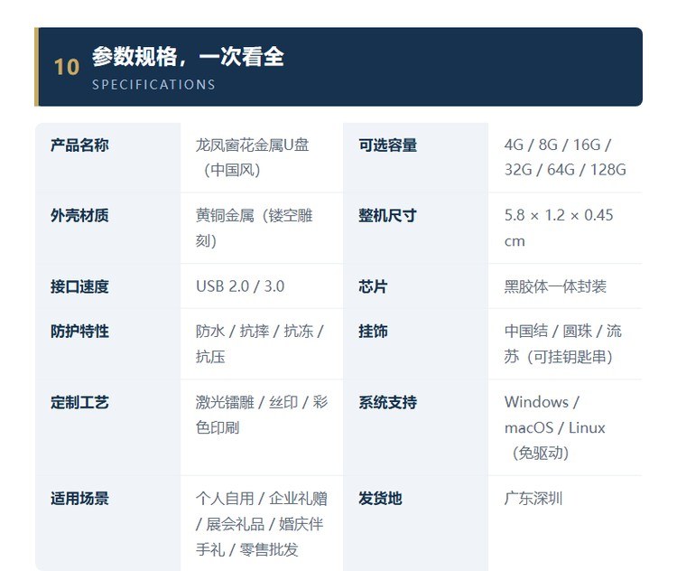 中国风龙凤U盘参数规格表 黄铜金属 5.8cm机身 4G-128G容量