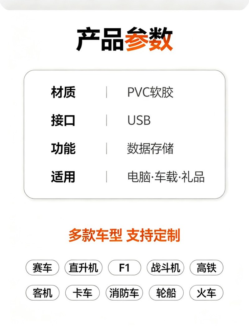PVC赛车造型U盘 参数规格 容量接口配色