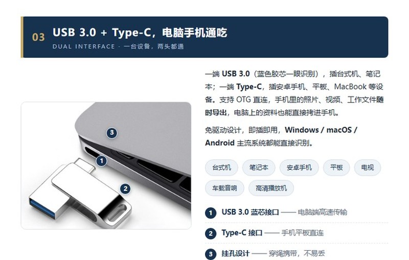 L型金属双接口手机U盘，USB-A与Type-C双接口
