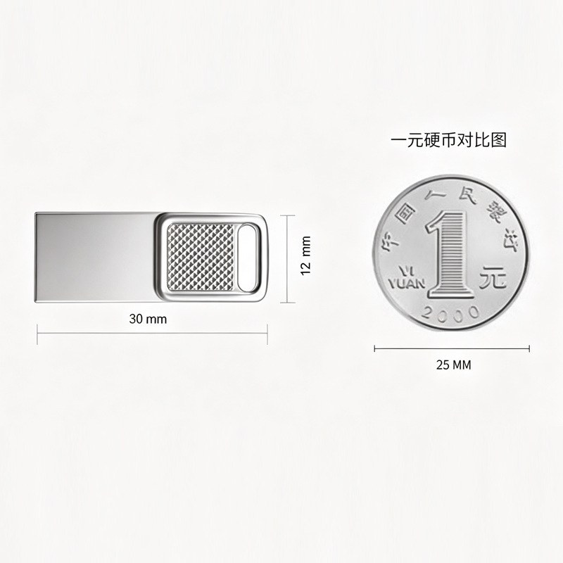 YS-GW-1106 金属U盘 轮播图2 金属卡片U盘尺寸对比 一元硬币大小 30x12mm 随身便携