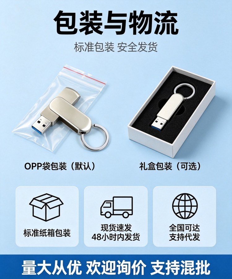 钥匙扣金属旋转U盘 包装与物流